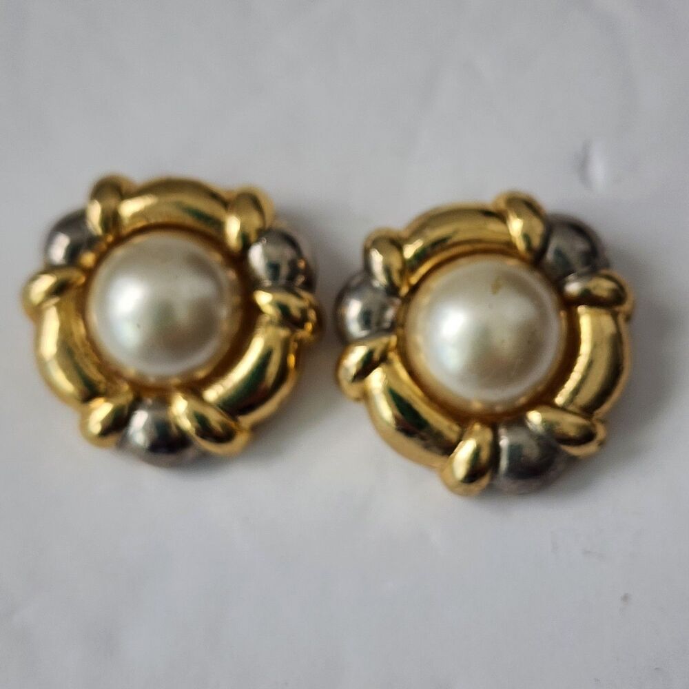 Added Extras NYC Shoe Clips Faux Pearl Cabochons gold  Silver Tones Signed VTG